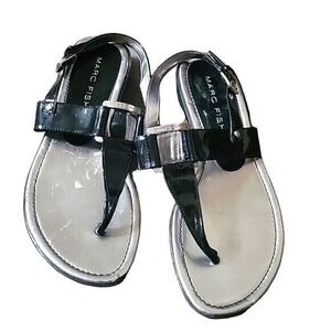 Marc Fisher Thong Sandals Ankle Strap Black Silver Accents beach coastal sexy 9M